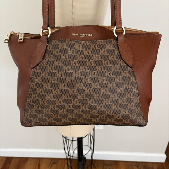 Karl Lagerfeld Paris Brown Monogram Large Paris Suki Tote Purse - Picture 2 of 16